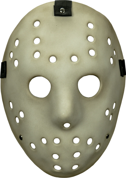 Aged Antique Killer Hockey Goalie Injection Costume Mask features an injection molded distressed hockey goalie‑style faceplate with a 3-way elastic strap, front view