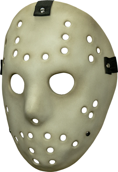 Aged Antique Killer Hockey Goalie Injection Costume Mask features an injection molded distressed hockey goalie‑style faceplate with a 3-way elastic strap, left side profile