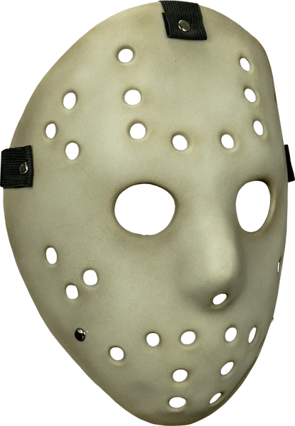 Aged Antique Killer Hockey Goalie Injection Costume Mask features an injection molded distressed hockey goalie‑style faceplate with a 3-way elastic strap, right side profile
