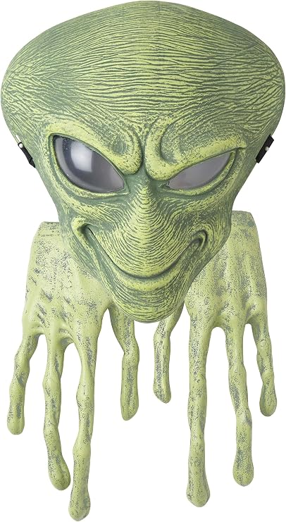 Alien Costume Mask and Hands Accessory Kit Featuring a two-piece accessory kit including a molded green alien mask with an oversized elongated head, deeply textured surface, large almond-shaped eye openings with translucent covers, and defined facial ridges, paired with matching green alien hands designed with long, thin fingers and a dripping, elongated shape for a cohesive extraterrestrial look.