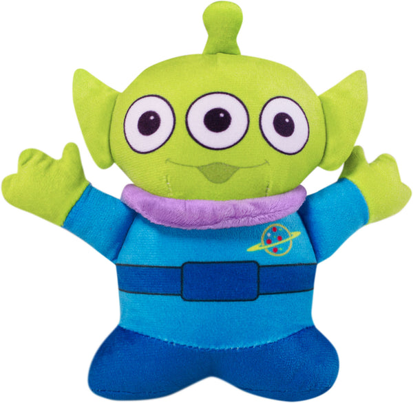 Alien from Pets Disney Pixar Toy Story Buzz Lightyear Costume and Toy Kit features  Buzz Lightyear’s iconic space ranger suit, styled with bold panels of white, green, purple, and red printed armor detailing across a wing‑shaped structure that sits neatly along the pet’s back; includes a coordinating plush green alien toy with three eyes, pointed ears, and a blue outfit printed with the Pizza Planet logo, completing the playful Toy Story pairing