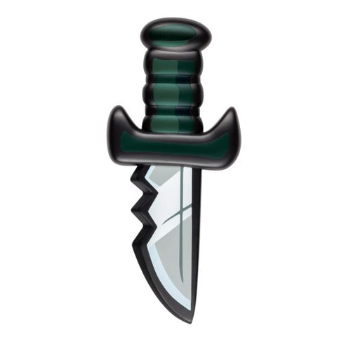 Among Us Imposor Knife Costume Prop Weapon Featuring a stylized plastic knife prop with a jagged-edged blade, this accessory includes a light gray blade surface with darker gray angular detailing and a black outer border. The handle is designed with a rounded grip in black with dark green accent bands, and a curved guard separates the blade from the handle.