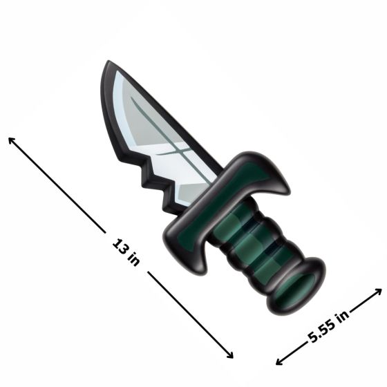 Measurements of Among Us Imposor Knife Costume Prop Weapon Featuring a stylized plastic knife prop with a jagged-edged blade, this accessory includes a light gray blade surface with darker gray angular detailing and a black outer border. The handle is designed with a rounded grip in black with dark green accent bands, and a curved guard separates the blade from the handle.