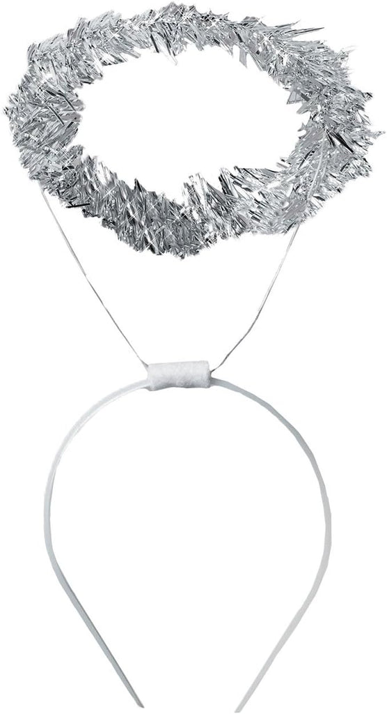 Angel Tinsel Halo Costume Headband Featuring a silver tinsel halo attached to a thin wire frame that holds the circular shape above the head, secured to a lightweight white plastic headband with a small wrapped connector at the base for stability and comfortable wear.