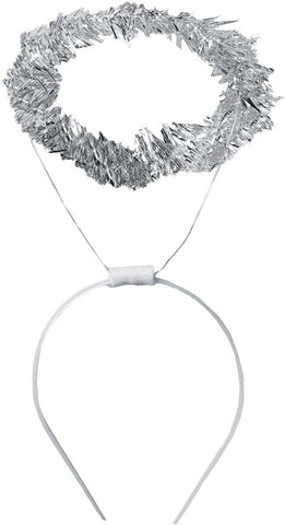Angel Tinsel Halo Costume Headband Featuring a silver tinsel halo attached to a thin wire frame that holds the circular shape above the head, secured to a lightweight white plastic headband with a small wrapped connector at the base for stability and comfortable wear.