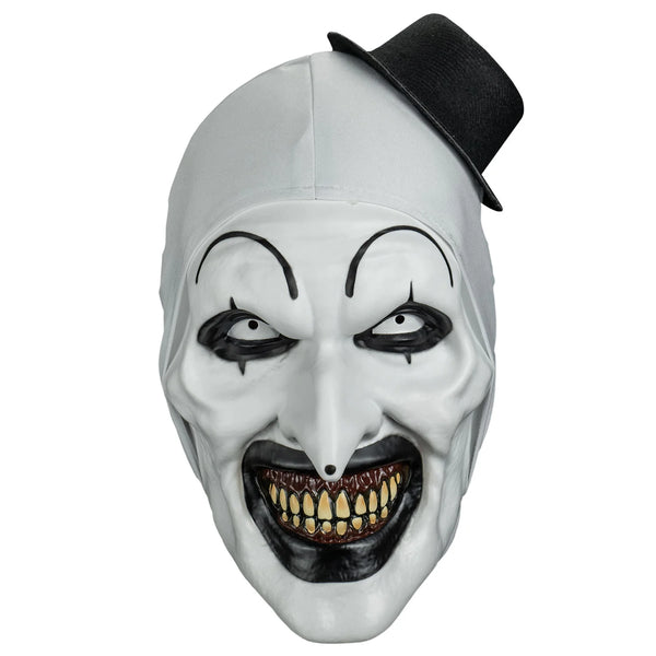 Art Terrifier Art the Clown Deluxe Injection Costume Mask of white clown face with black makeup detail and white headcover with attached black hat, front view 