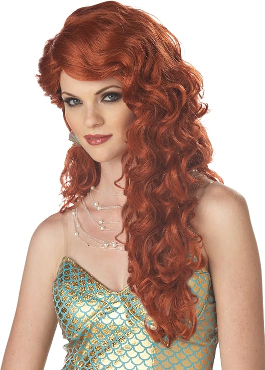 Auburn Red Little Mermaid Costume Wig Featuring a long, auburn red wig with voluminous, layered curls cascading past the shoulders, styled with a side-swept front and soft waves throughout, creating a full-bodied, textured look with a natural shine and rich red tone.