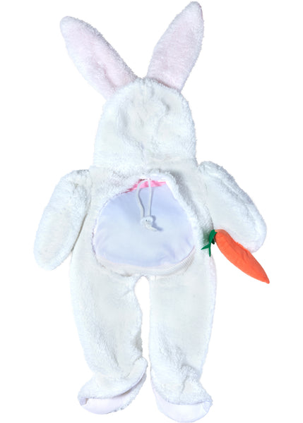 Back of Pets Walking Bunny Rabbit Costume featuring  a plush, full‑body white bunny outfit designed with a clever “walking” illusion that makes it appear as though the rabbit itself is standing upright; styled with soft white faux‑fur fabric, long floppy ears lined in light pink, and an attached bunny headpiece with embroidered facial details. The costume includes stuffed faux arms that extend outward holding a bright orange carrot prop, along with a rounded pink belly
