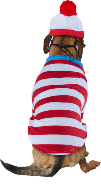 Back view of a dog wearing the Pets Where's Waldo costume featuring a classic red‑and‑white striped long‑sleeve jumpsuit styled to mimic Waldo’s iconic outfit, finished with a bright white collar and a circular chest badge printed with “Where’s Waldo?” in bold lettering; includes a coordinating red‑and‑white striped knit hat with a fluffy red pom‑pom on top and a pair of oversized black round glasses, completing the instantly recognizable look from head to toe
