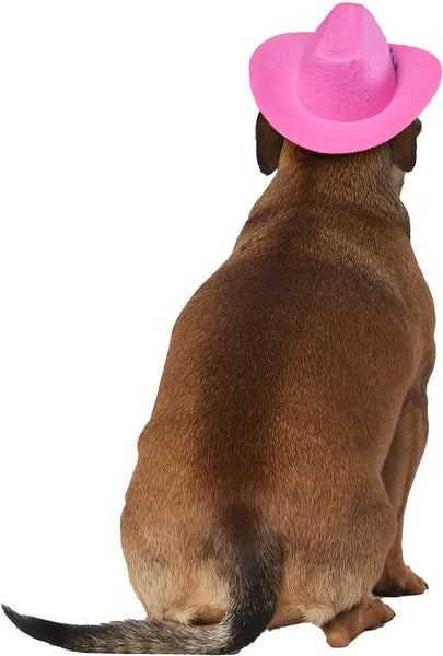 Back of a Chihuahua wearing a Pets Pink Cowboy Hat With Tiara a bright bubblegum‑pink cowboy hat constructed from soft felt‑style material with a structured crown and gently curved brim; the front of the hat is decorated with a sparkling silver tiara embellishment made from rhinestone‑style gems arranged in a classic crown pattern, creating a bold combination of Western flair and royal sparkle