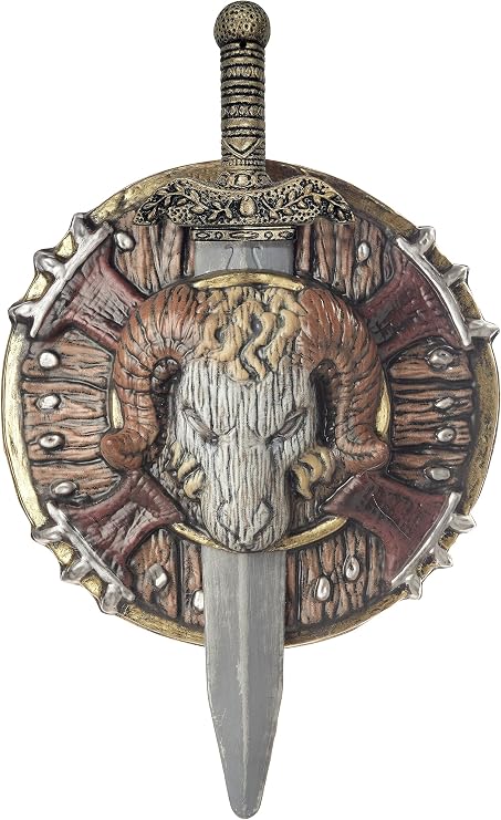 Barbarian Viking Combat Shield and Sword Costume Prop Weapon Set Featuring a round shield with a sculpted ram head emblem at the center, textured woodgrain-style paneling, metallic-look rim with raised stud details, and a vertically aligned sword nested through the shield featuring a molded hilt with decorative bands, a rounded pommel, and a silver-toned blade; both pieces finished in a weathered brown, gold, and gray color scheme for a worn battle appearance.