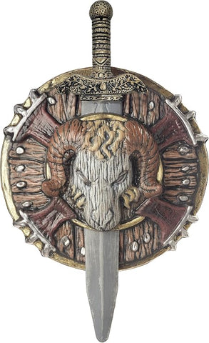 Barbarian Viking Combat Shield and Sword Costume Prop Weapon Set Featuring a round shield with a sculpted ram head emblem at the center, textured woodgrain-style paneling, metallic-look rim with raised stud details, and a vertically aligned sword nested through the shield featuring a molded hilt with decorative bands, a rounded pommel, and a silver-toned blade; both pieces finished in a weathered brown, gold, and gray color scheme for a worn battle appearance.