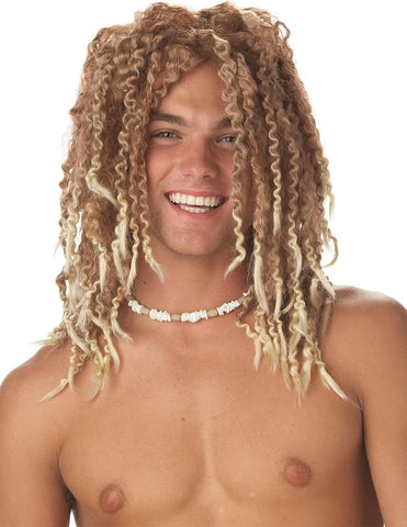 Surfer Dude in the Beach Bum Surfer Costume Wig Featuring a medium-length synthetic wig styled with thick, crimped curls in a sun-kissed blend of light brown and blonde tones, designed with layered strands that fall around the shoulders and a full cap construction for comfortable, even coverage.