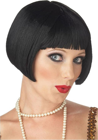 Woman wearing the Black 1920s Flirty Flapper Bob Cut Costume Wig Featuring a black synthetic wig styled in a sleek bob cut with smooth, straight strands, a rounded shape, and a blunt fringe across the forehead, finished with neatly curved-under ends that frame the jawline for a clean 1920s-inspired look.