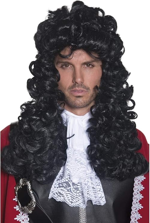 Black Pirate Captain Hook Costume Wig 
Featuring a black synthetic fiber wig styled with long, voluminous curls, a full layered shape that falls past the shoulders, defined ringlets throughout, and a slightly tousled finish that creates a dramatic, period-inspired silhouette.