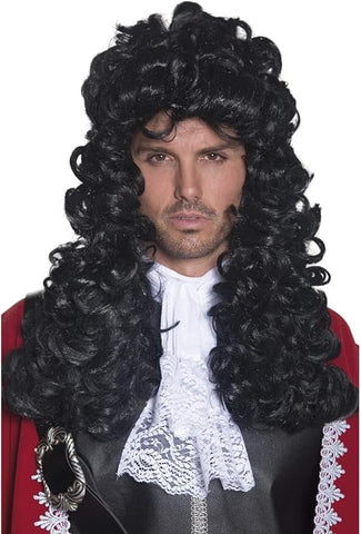 Black Pirate Captain Hook Costume Wig 
Featuring a black synthetic fiber wig styled with long, voluminous curls, a full layered shape that falls past the shoulders, defined ringlets throughout, and a slightly tousled finish that creates a dramatic, period-inspired silhouette.