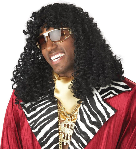 Mean wearing the Black Super Freakin Jheri Curl Costume Wig Featuring a black synthetic wig styled with tight, glossy Jheri curls, designed with dense ringlet texture throughout, layered volume from crown to ends, and shoulder-length strands that create a full, rounded silhouette