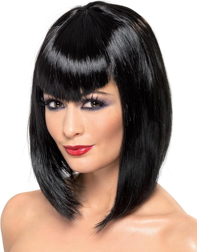 Black Vampira Costume Wig Featuring a black synthetic fiber wig styled in a sleek, shoulder-length cut with straight, smooth strands, a blunt fringe across the forehead, and slightly angled ends that frame the face for a sharp, structured silhouette.
