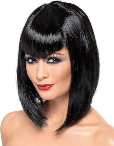 Black Vampira Costume Wig Featuring a black synthetic fiber wig styled in a sleek, shoulder-length cut with straight, smooth strands, a blunt fringe across the forehead, and slightly angled ends that frame the face for a sharp, structured silhouette.