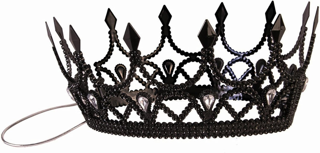 Close up of Black Dark Royalty Queen Crown Costume Accessory 
Featuring an ornate molded crown design finished in deep matte black with raised baroque‑style detailing, pointed arches, and sculpted jewel accents that create a regal, gothic silhouette, secured with an elastic strap