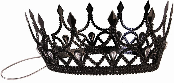 Close up of Black Dark Royalty Queen Crown Costume Accessory 
Featuring an ornate molded crown design finished in deep matte black with raised baroque‑style detailing, pointed arches, and sculpted jewel accents that create a regal, gothic silhouette, secured with an elastic strap