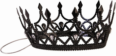 Close up of Black Dark Royalty Queen Crown Costume Accessory 
Featuring an ornate molded crown design finished in deep matte black with raised baroque‑style detailing, pointed arches, and sculpted jewel accents that create a regal, gothic silhouette, secured with an elastic strap