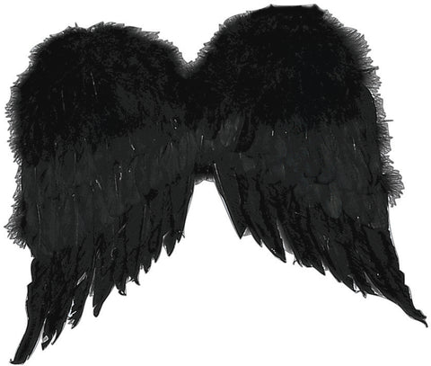  Black Feather Wings Costume Accessory features a bold pair of layered black feather wings designed in a classic angel‑inspired shape, with densely packed faux feathers that create a full, textured appearance; finished with soft feather trim along the top edge and elastic shoulder straps at the back, allowing the wings to sit securely and remain clearly visible while worn