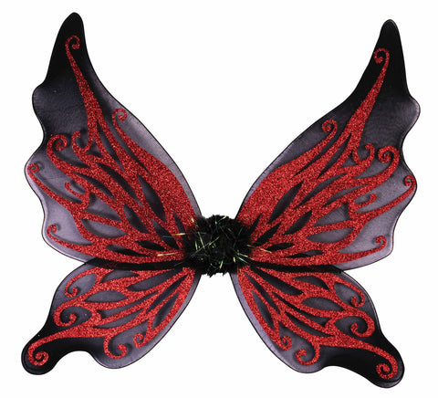 Black with Red Glitter Wings Costume Accessory featuring a pair of lightweight mesh wings in deep black with an elegant butterfly‑style shape, detailed with swirling red glitter designs that curl and flare outward across each wing, finished with soft curved edges and a fluffy black center connector that joins the wings together, creating a dramatic, high‑contrast silhouette with shimmering accents