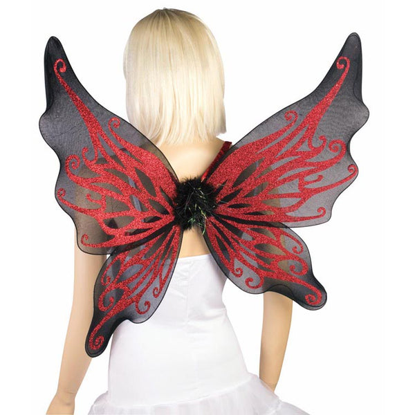 Mannequin wearing Black with Red Glitter Wings Costume Accessory featuring a pair of lightweight mesh wings in deep black with an elegant butterfly‑style shape, detailed with swirling red glitter designs that curl and flare outward across each wing, finished with soft curved edges and a fluffy black center connector that joins the wings together, creating a dramatic, high‑contrast silhouette with shimmering accents