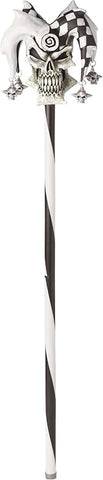 Black and White Psycho Jester Skull Cane Costume Prop Accessory Featuring a black cane measuring approximately 38 inches in length, designed to break down into two pieces, with a twisted black-and-white spiral shaft and a detailed skull-shaped topper wearing a jester hat in alternating black and white panels, accented with small dangling bells and bold facial features including dark eye sockets and a grinning skeletal expression.