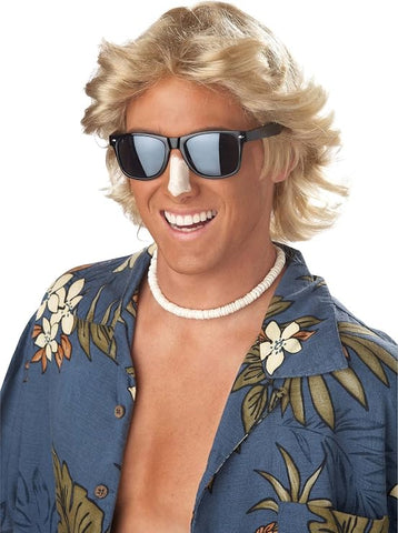 Guy in Blonde 70s Feathered Hair Costume Wig Featuring a blonde synthetic wig styled with layered, feathered strands that sweep back from the face, designed with medium length around the sides and longer layers in the back, creating a soft, airy shape with flip-out ends