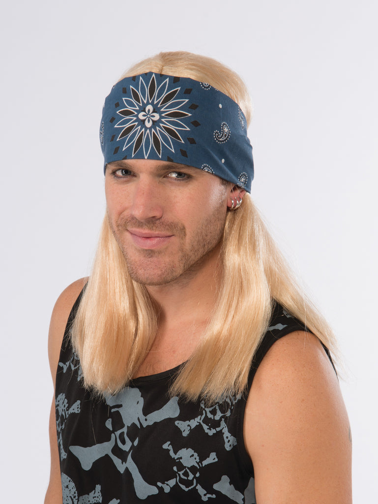 Peluca con bandana de estrella de rock rubia de los años 80