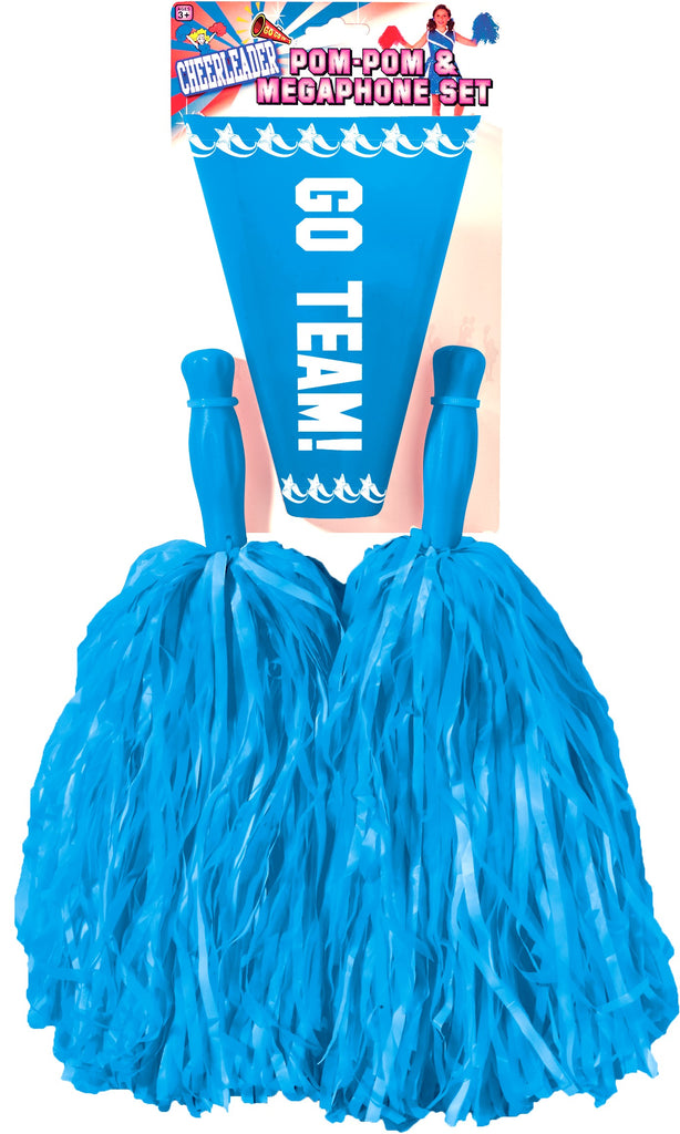 Blue Cheerleader Pom Poms and Megaphone Kit featuring a coordinated set of two bright blue plastic cheerleader pom‑poms made from thin, crinkled streamers that create a full, fluffy appearance; paired with a matching blue megaphone printed vertically with bold white “GO TEAM!” lettering, finished with a contrasting white handle and mouthpiece that stand out clearly against the vivid blue body