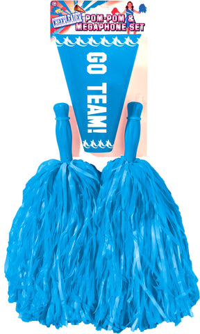 Blue Cheerleader Pom Poms and Megaphone Kit featuring a coordinated set of two bright blue plastic cheerleader pom‑poms made from thin, crinkled streamers that create a full, fluffy appearance; paired with a matching blue megaphone printed vertically with bold white “GO TEAM!” lettering, finished with a contrasting white handle and mouthpiece that stand out clearly against the vivid blue body