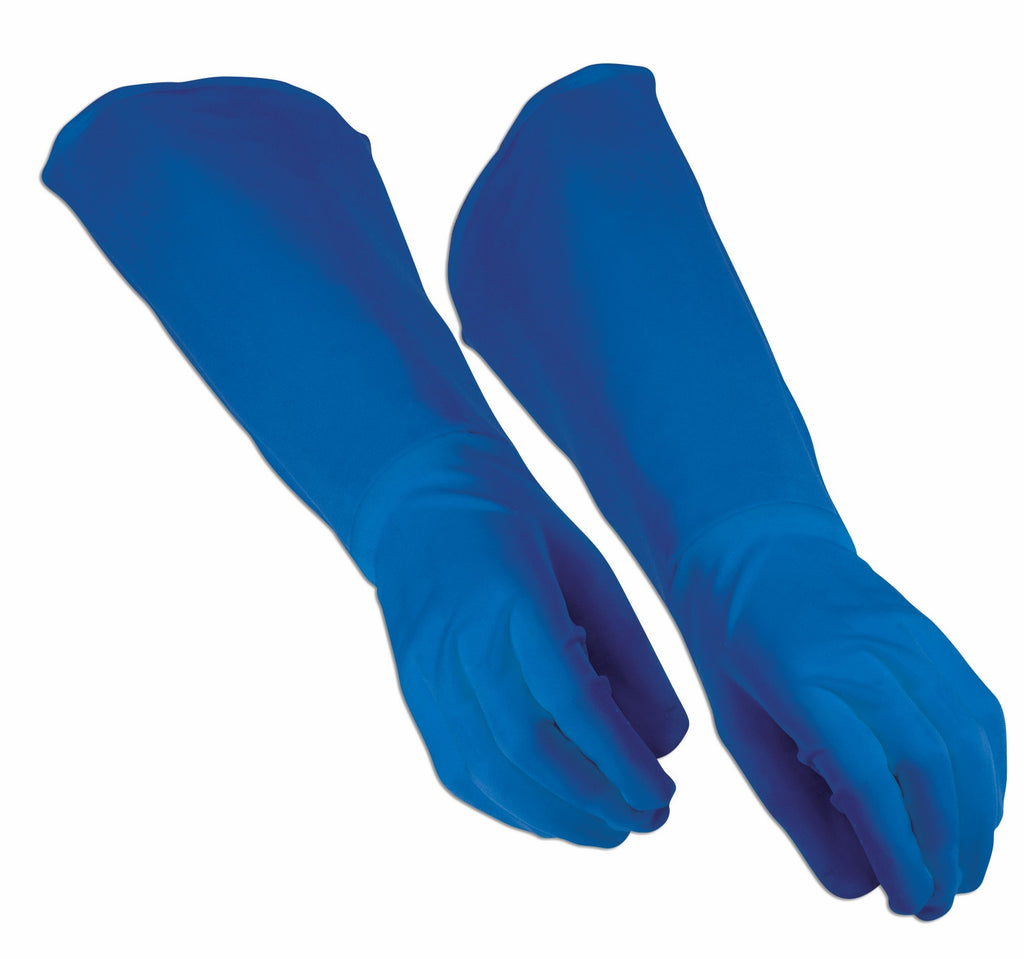 Blue Hero Gauntlet Gloves Costume Accessory featuring bold, solid blue gauntlets that extend past the wrists and up the forearms, creating a sleek, uniform superhero look