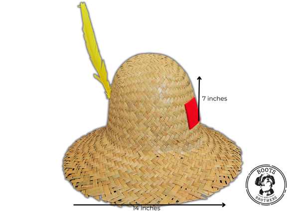 Boots and Brothers Straw Farmer Hat with feather and patch hillbilly 