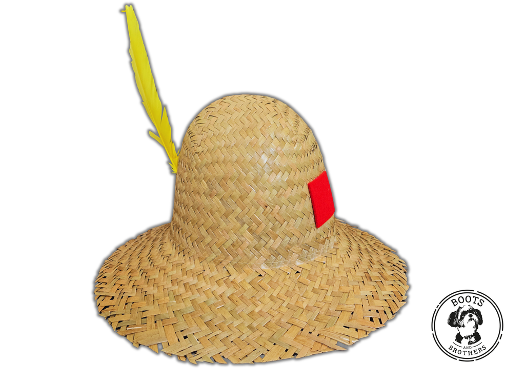 Boots and Brothers Straw Farmer Hat with feather and patch hillbilly 