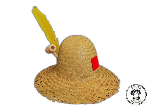 Boots and Brothers Straw Farmer Hat with feather, patch, and corn cob pipe hillbilly 