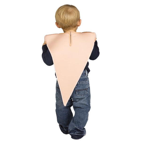 Back of toddler boy in the Toddlers Little Pizza Slice Costume featuring a photoreal printed tunic designed to look like a classic slice of pepperoni pizza, with detailed sauce, melted cheese, and pepperoni toppings on the front; styled with a soft stuffed “crust” at the shoulders for dimension and a plain knit poly back for comfort and easy wear, creating a lightweight, slip‑on design