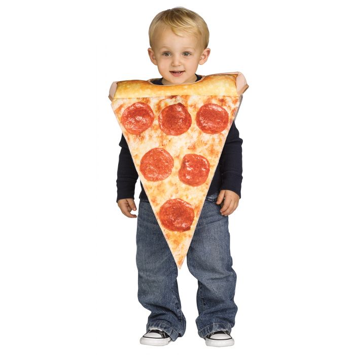 Toddler boy in the Toddlers Little Pizza Slice Costume featuring a photoreal printed tunic designed to look like a classic slice of pepperoni pizza, with detailed sauce, melted cheese, and pepperoni toppings on the front; styled with a soft stuffed “crust” at the shoulders for dimension and a plain knit poly back for comfort and easy wear, creating a lightweight, slip‑on design