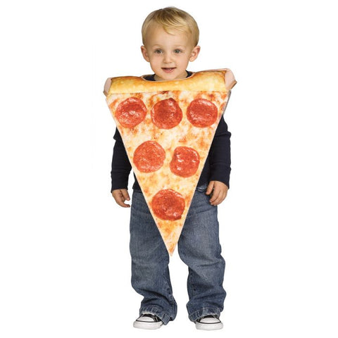 Toddler boy in the Toddlers Little Pizza Slice Costume featuring a photoreal printed tunic designed to look like a classic slice of pepperoni pizza, with detailed sauce, melted cheese, and pepperoni toppings on the front; styled with a soft stuffed “crust” at the shoulders for dimension and a plain knit poly back for comfort and easy wear, creating a lightweight, slip‑on design