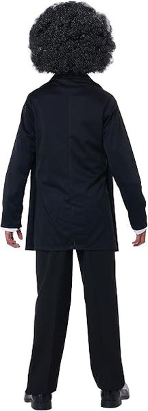 Back of the Boys Abraham Lincoln or Frederick Douglass Costume Featuring a black jacket with an attached vest panel designed to create a layered formal look, complete with front buttons on both the jacket and vest sections, a black neck tie with a hook and loop closure, and a tall black top hat that assembles in multiple pieces with secure fasteners for structure and shape.