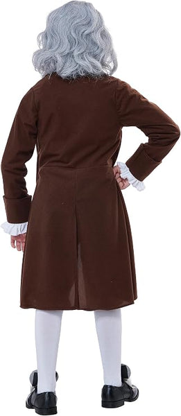 Back of Boy in the Boys Benjamin Franklin Colonial Man Costume Featuring a colonial-style costume set including a long jacket with an attached vest panel designed for a layered historical look, paired with matching knicker pants that fall below the knee and a white cravat neck tie for authentic period detail.