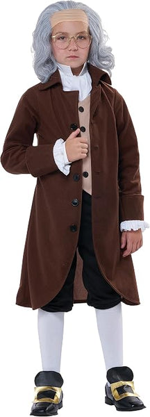 Boy in the Boys Benjamin Franklin Colonial Man Costume Featuring a colonial-style costume set including a long jacket with an attached vest panel designed for a layered historical look, paired with matching knicker pants that fall below the knee and a white cravat neck tie for authentic period detail.