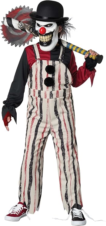 Boy in the Boys Carnival Creepster Clown Costume Featuring a black bowler hat, a long-sleeve shirt with one red sleeve and one black sleeve, crisscrossing white suspenders on the back, and high-waisted overalls with vertical stripes in white, black, and red. The overalls include attached pom-pom accents on the front side and extend to full-length pant legs. Fingerless gloves with matching red and black color blocking cover the hands, and the outfit is paired with low-top sneakers. Weapon not included