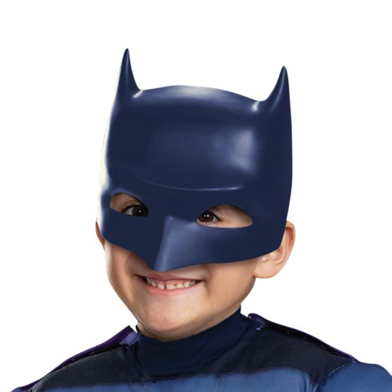 Mask close up of the Boys DC Universe Batwheels Classic Batman Muscle Costume Featuring a full-length jumpsuit in shades of blue with printed muscle detailing in the torso and arms, this costume includes a yellow utility belt graphic at the waist and a black bat emblem on the chest. The set also includes a detachable purple cape with a pointed hem and a molded character mask designed with bat ears, eye openings, and a smooth contoured surface.