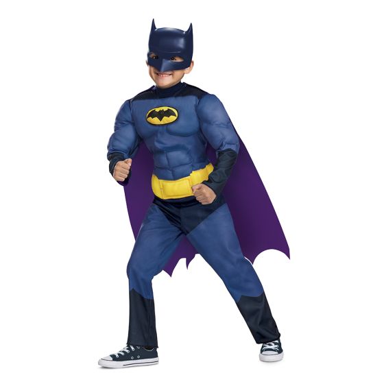 Boy in the Boys DC Universe Batwheels Classic Batman Muscle Costume 
Featuring a full-length jumpsuit in shades of blue with printed muscle detailing in the torso and arms, this costume includes a yellow utility belt graphic at the waist and a black bat emblem on the chest. The set also includes a detachable purple cape with a pointed hem and a molded character mask designed with bat ears, eye openings, and a smooth contoured surface.