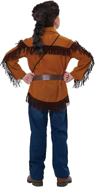 Back of boy posing in the Boys Davy Crockett Frontier Man Costume Featuring a frontier-style costume set including a brown long-sleeve shirt with a collar and fringe trim across the chest, shoulders, and sleeves, a coonskin-style hat with an attached tail detail, a brown belt worn at the waist, and a prop powder horn with a strap for crossbody wear.