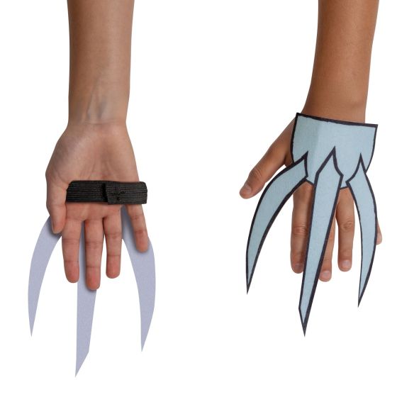 Close up of the claws from theBoys Dog Man Cat Kid Costume Featuring a full-body jumpsuit designed in bright orange with black horizontal stripe detailing, this costume includes a soft, plush-like fabric texture and a printed “Cat Kid” emblem at the neckline. The set also includes a black cape with a pointed hem attached at the shoulders, an orange headpiece with attached cat ears and mesh eye panels with whisker detailing, and a pair of felt claws worn with elastic bands for hand placement