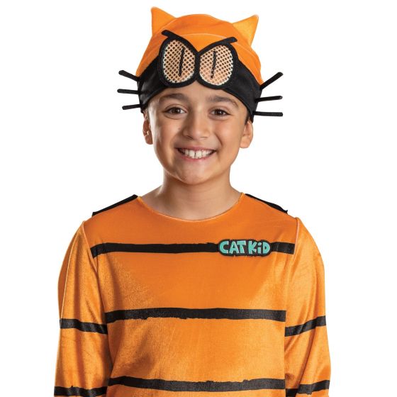 Close up of Boy posing in the Boys Dog Man Cat Kid Costume Featuring a full-body jumpsuit designed in bright orange with black horizontal stripe detailing, this costume includes a soft, plush-like fabric texture and a printed “Cat Kid” emblem at the neckline. The set also includes a black cape with a pointed hem attached at the shoulders, an orange headpiece with attached cat ears and mesh eye panels with whisker detailing, and a pair of felt claws worn with elastic bands for hand placement.